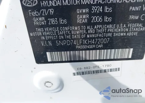 2019 Hyundai Elantra Se from USA, damaged, VIN 5NPD74LF1KH472007